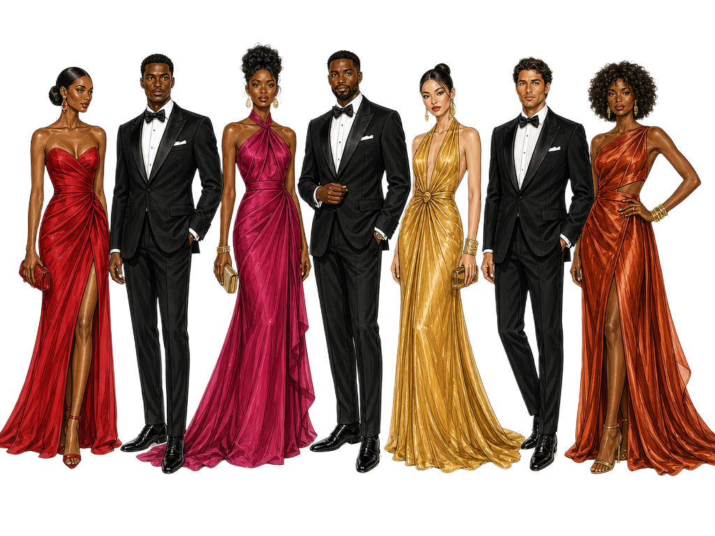 Hand-illustrated lineup of guests in black-tie tuxedos and jewel-tone evening gowns