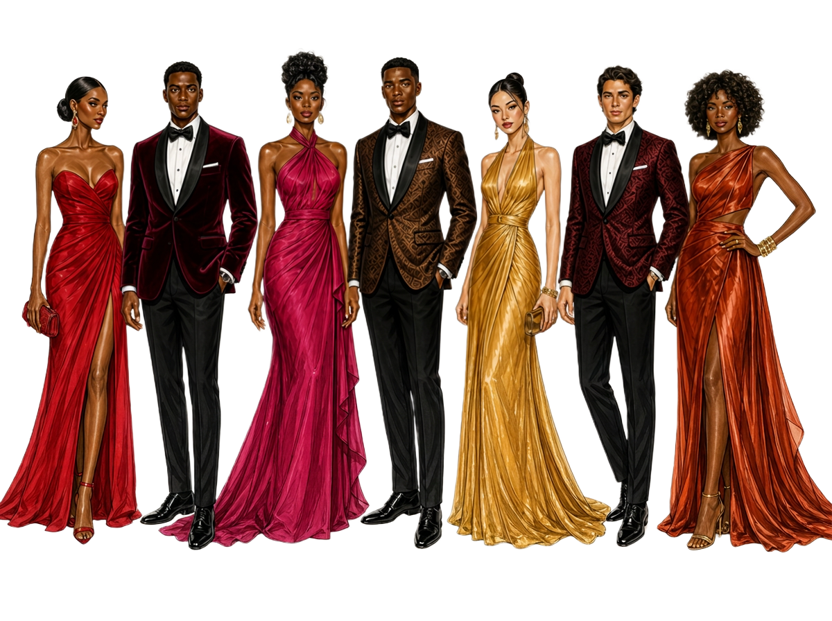Hand-illustrated lineup of guests in black-tie tuxedos and jewel-tone evening gowns